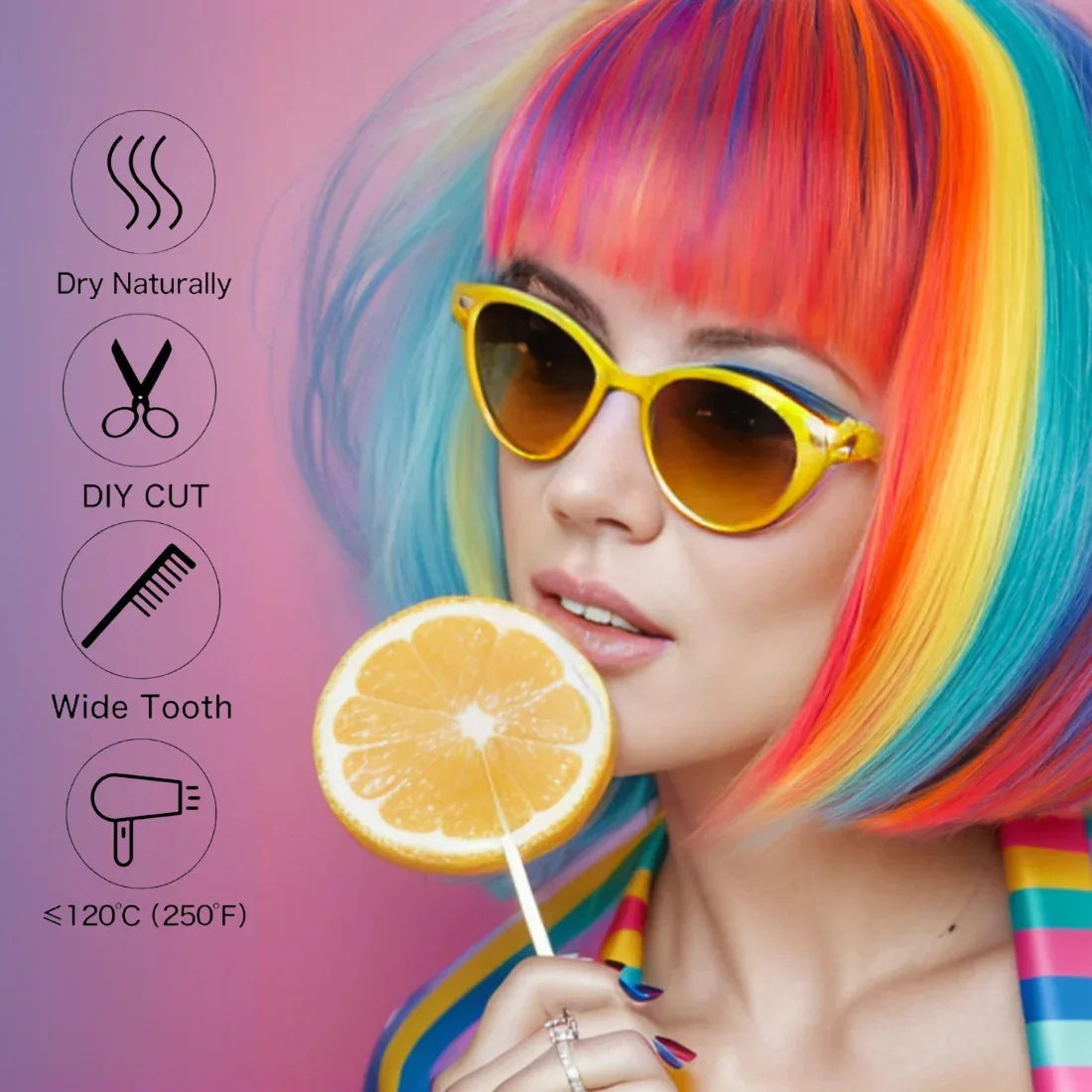 Bobblehead rainbow-colored synthetic wig, Halloween party cosplay role-playing wig, daily wear high-temperature hairnet wig