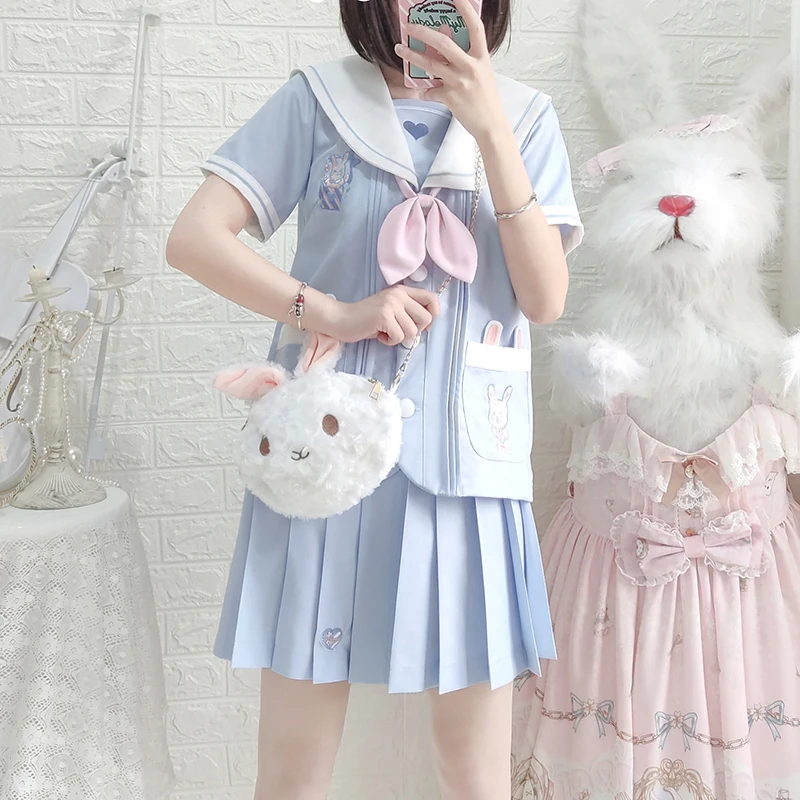 Japanese Style JK Uniform Sailor Collar Cartoon Blue White Color Matching Long Short Sleeve Pocket Top Skirt Embroidery Set Girl