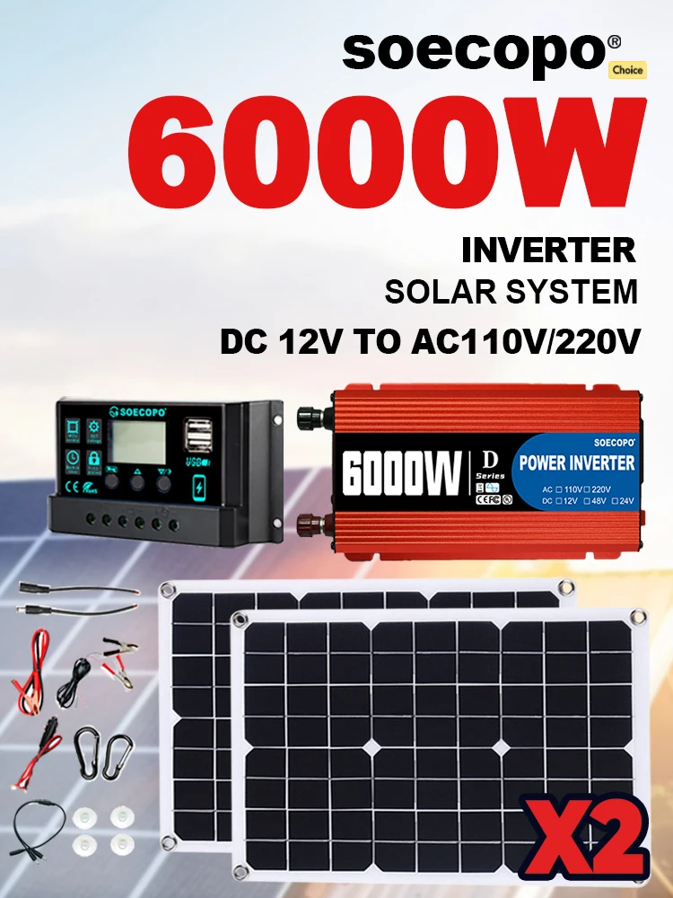 SOECOPO 6000 W Solarsystem-Kit 2 x 500 W Photovoltaik-Panels 100 A Controller DC 12 V – AC 110 V 220 V Wechselrichter für Camping/Zuhause