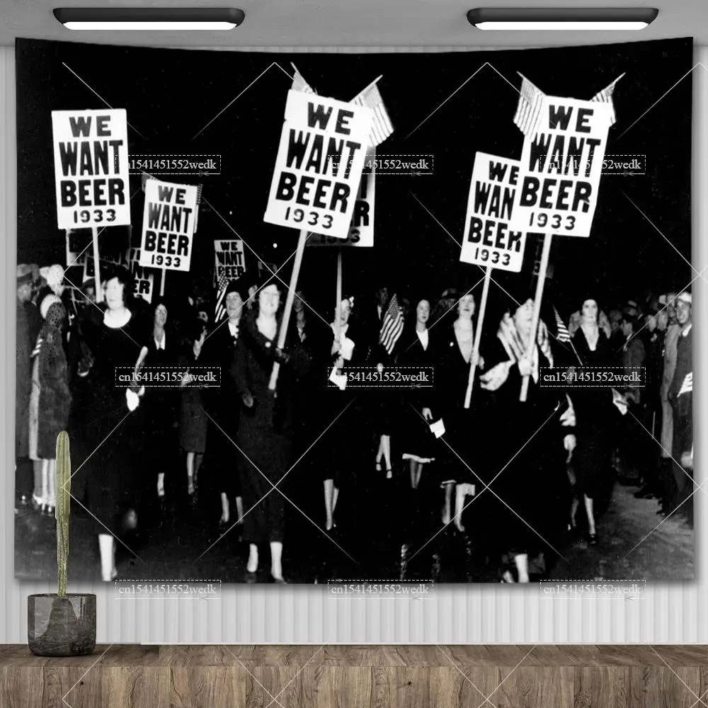 We Want Beer Prohibition Flag Wall Tapestry 18th Amendment Retro Black and White Poster Aesthetic Room Decoration Tapestrys