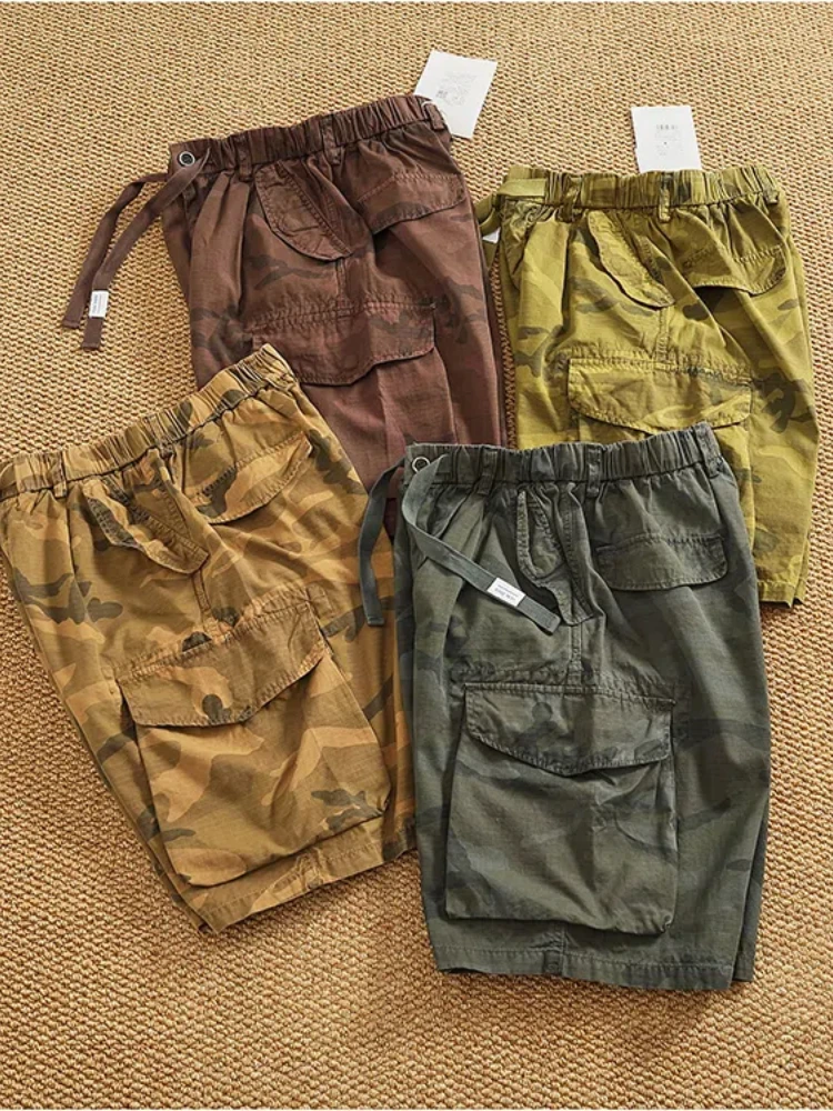 2025 Summer New American Retro Woven Multi-Pocket Camouflage Cargo Shorts Men's 100% Cotton Washed Casual Straight 5-point Pants