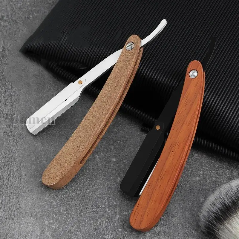 1pc Manual Stainless Steel Hairdressing Razor Folding Shaver Eyebrow Trimming Hairdressing Knife Red Sandalwood/Pearwood Handle
