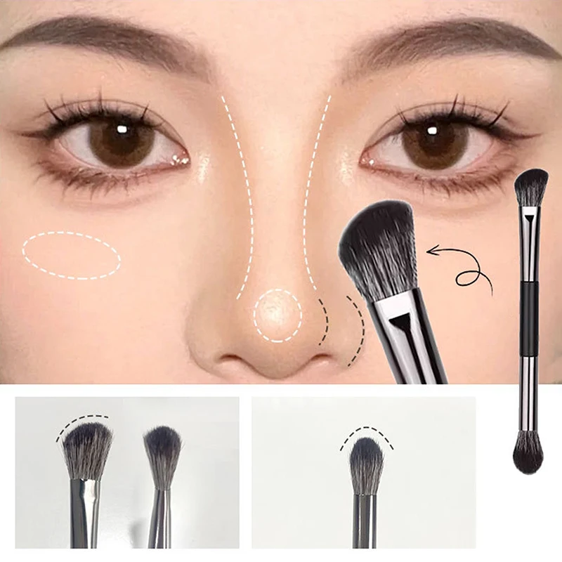 4Pcs Double Head Eyeshadow Brush Set With Dry Clean Sponge And Mirror Multifunction Concealer Highlight Eyeliner Travel Portable