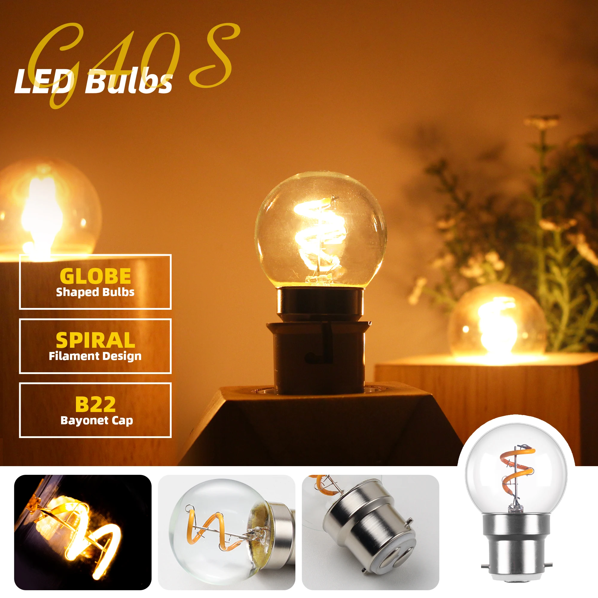 6PCS Vintage G40 Led Spiral Filament Light Bulb B22 Bayonet Base Globe Edison Bulb 1.5W 2200K 220V Decorative Pendant Lampada