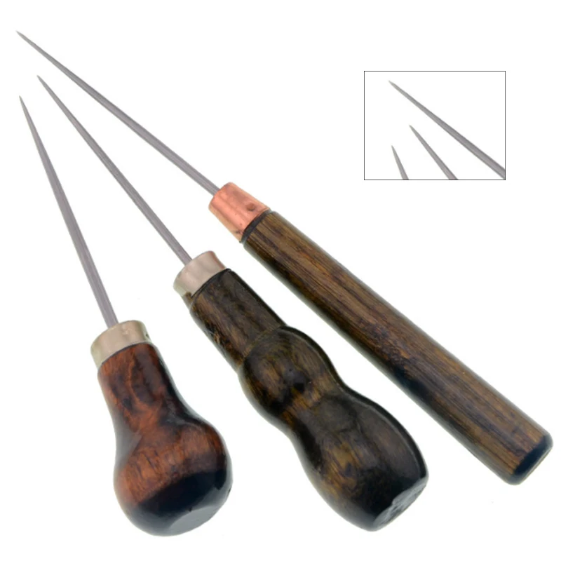 Wooden Handle Awl Punch Tool for DIY Leather Craft Sewing Awl Shoes Repair Tool Hand Stitcher Awl Pricker Hole Maker Accessories