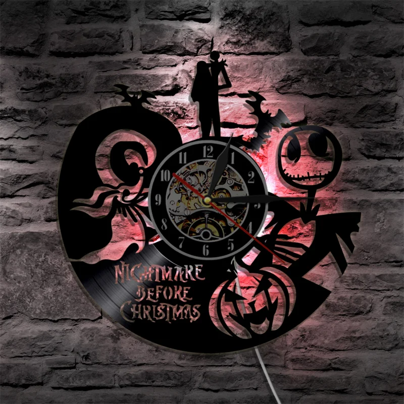 Nightmare Before Christmas Vinyl Record Wall Clock for Home Theater Movie Room Decor Cartoon Characters Halloween Clock Gift Toy