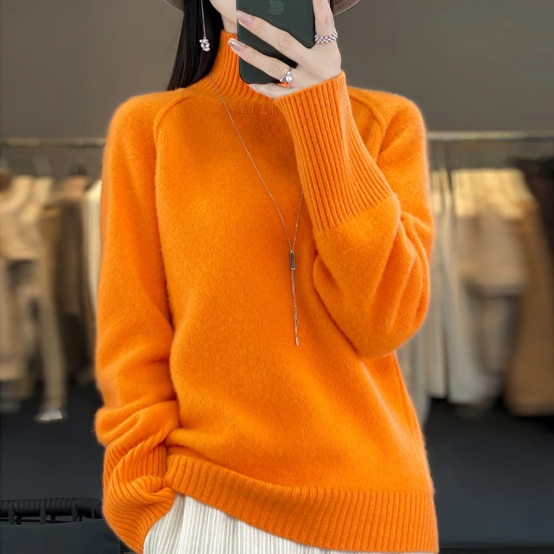 Autumn and winter new half-high-necked 100% wool ladies knitted bottoming shirt loose thickened warm solid color sweater coat