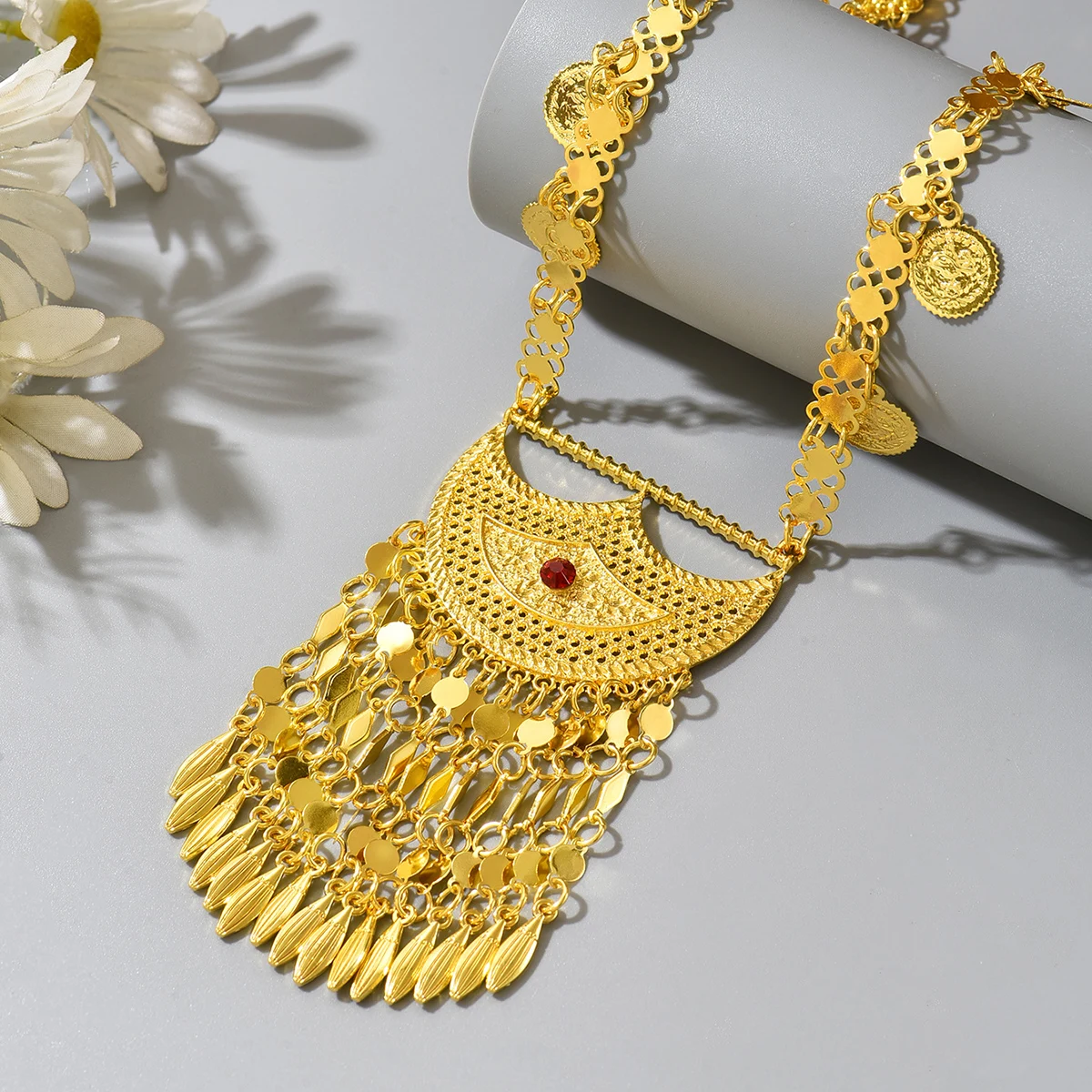 Middle Eastern-style coin tassel pendant necklace, women's golden carved ethnic style neck chain, matching for banquet gowns image 5