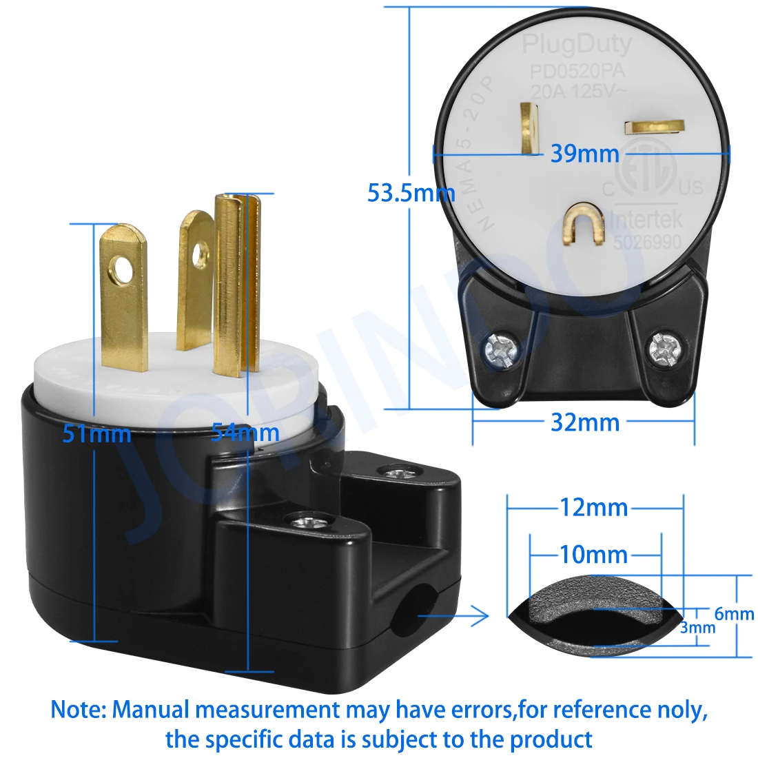 JORINDO NEMA 5-20P USA 3-Prong Male AC Power Plug,3 Pole Straight T- Blade DIY Rewirable AC Plug 20A 125V USA 3Pin AC Connector