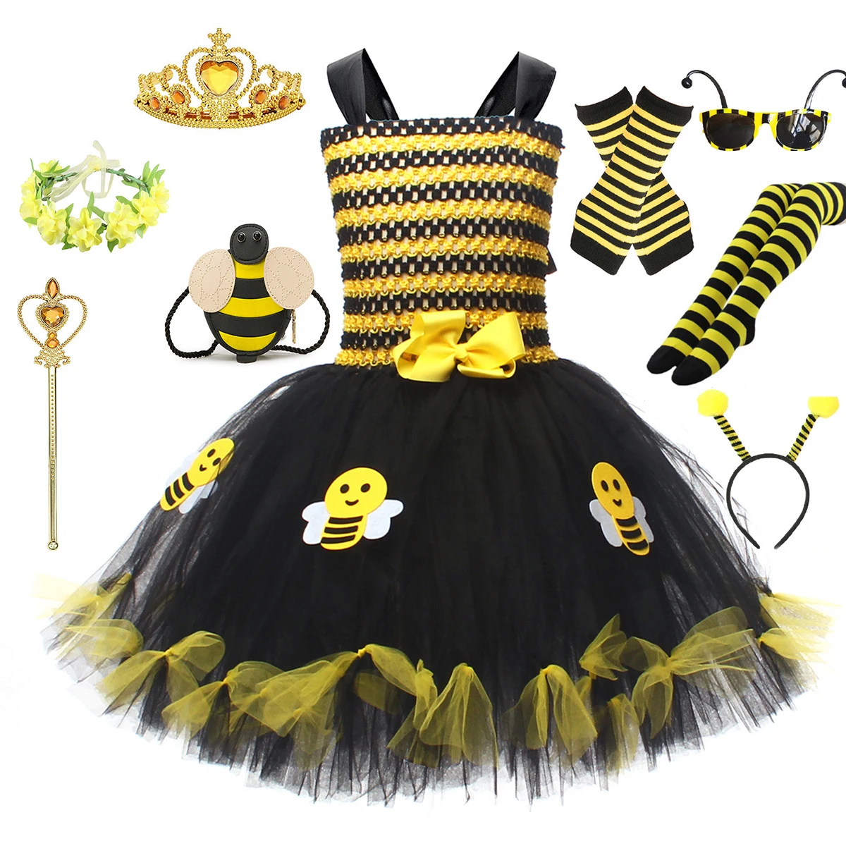 odgrywanie ról Sukienka pszczół w paski zwierząt, kostium na występy owadów, puszysta spódnica na Halloween, grupa zdjęć dla dziewcząt, sukienka karnawałowa