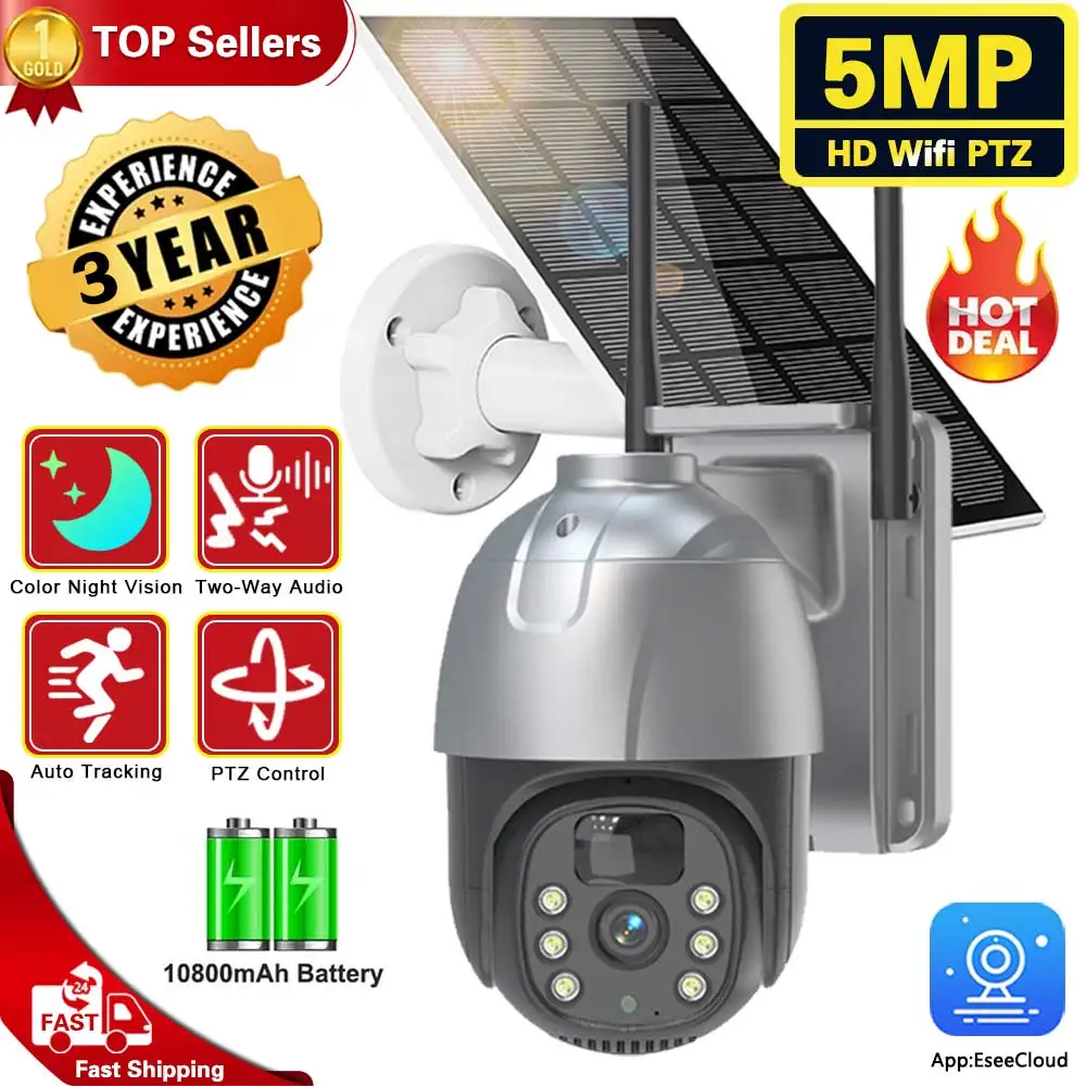 

5MP WIFI Solar Camera CCTV PTZ Surveillance Cameras 360° PIR Human Tracking Two Way Audio HD Night Vision Outdoor Waterproof