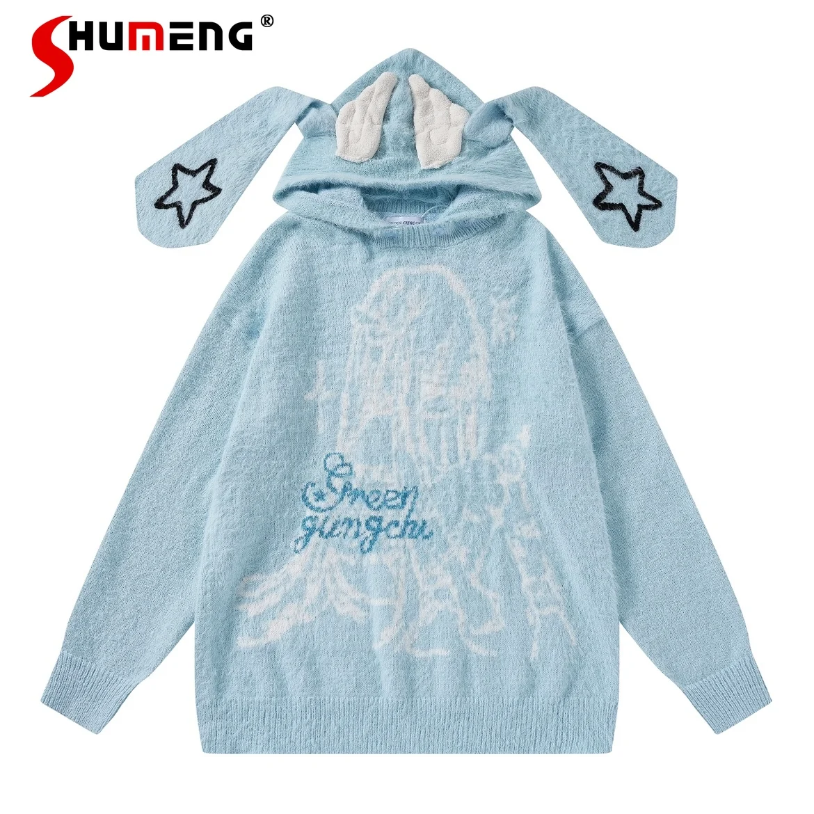 Original Sweet Two-Dimensional Rabbit Ear Wings Plush Sweater Woman Y2k Soft Cartoon Printed Long Sleeve Hooded Knitted Sweater