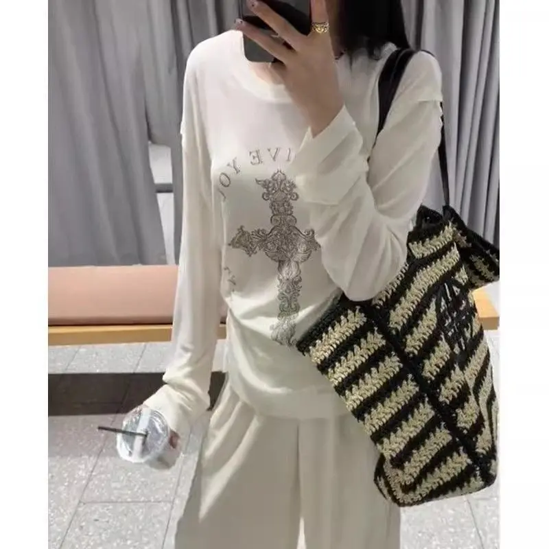Summer Thin Long Sleeve T-Shirt Women's round Neck Cross Print Loose Fit White Sun Protection Korean Style Versatile Top