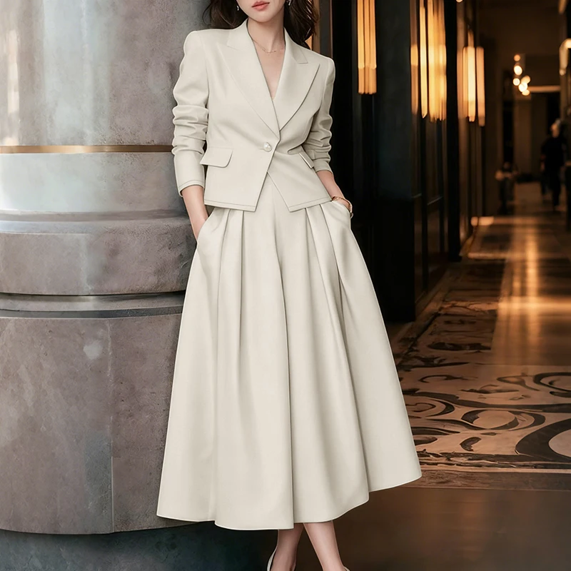 

Women Two Pieces Sets Long Sleeve Blazer+Skirts Spring Autumn Female Elegant Outfits Solid Color Office Lady Chic Clothing Suits