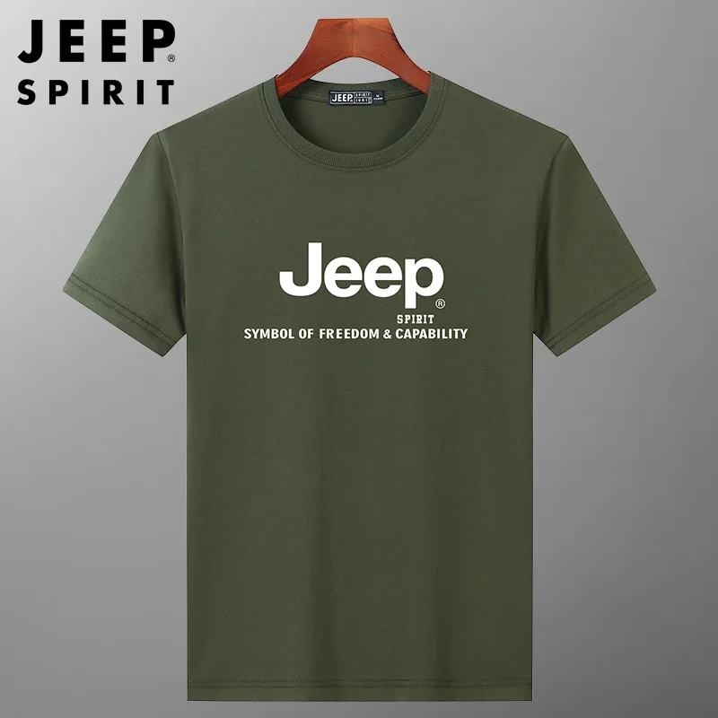 JEEP SPIRIT Summer Cotton Brand Print T-shirt Men Casual Sports Breathable Round Neck Top Mens Loose Simple Solid Short Sleeve