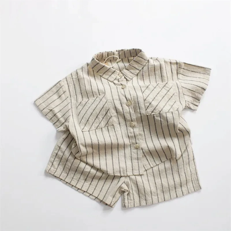 

2024 Summer Baby Boys Striped Outfits Cotton Linen T-Shirts Shorts 2pcs Korean Style Casual Loose Children Clothes Sets 1-5Y