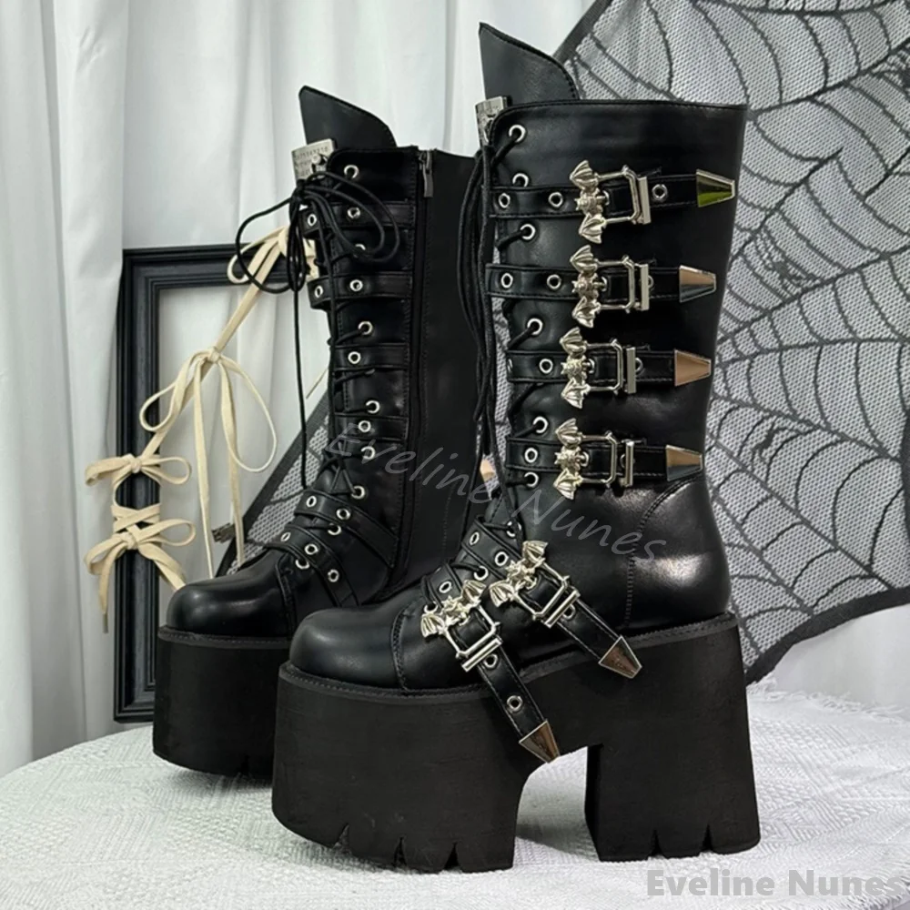 

Metal Bat Buckle Punk Platform Mid Calf Boots Women Cross Tied Thick Soled Chunky Heel Long Boots New Hotties Gothic Boots 12cm