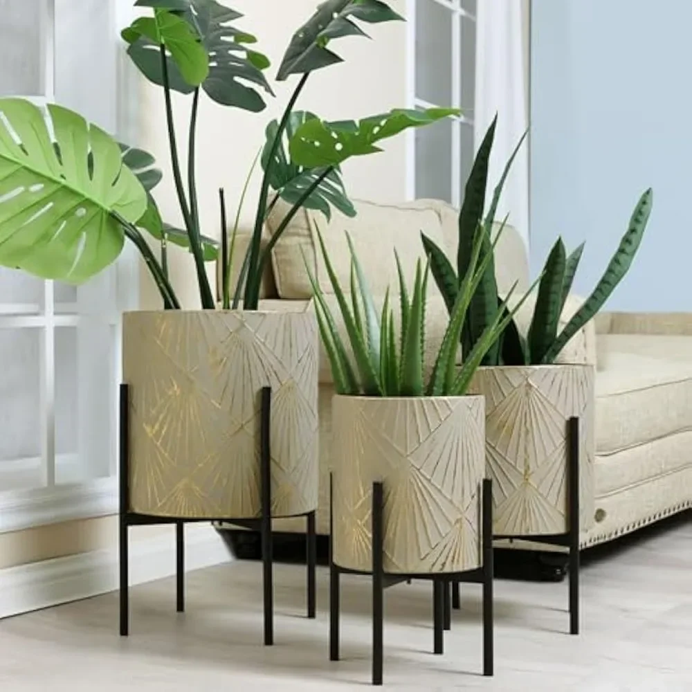 

Planters for Indoor Plants, Set of 3 Floor Plants Pots with Stands, Modern Decorative Metal Flower Pots,