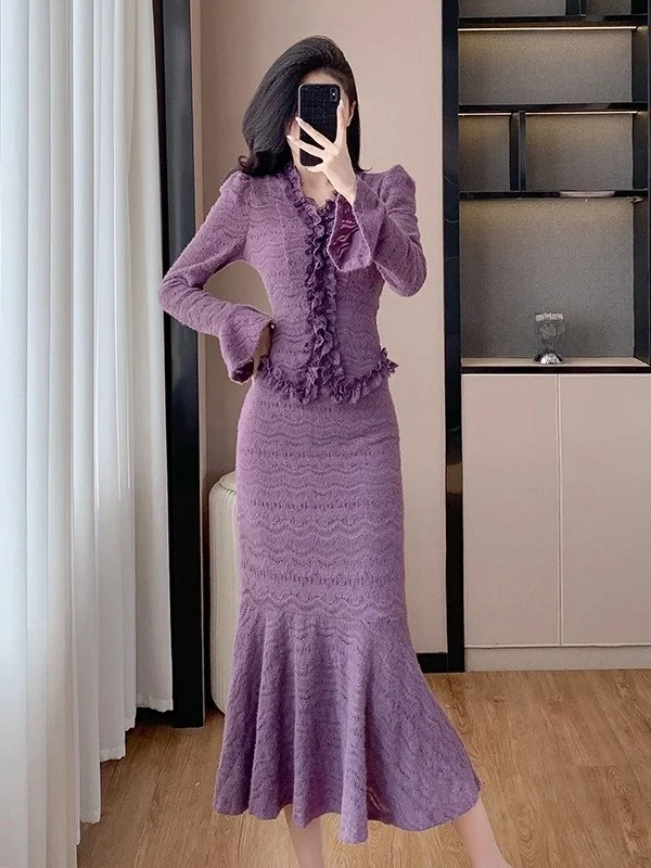 

Модный кружевной комплект-двойка «Русалка» с V-образным вырезом и длинными рукавами, женская осенняя одежда в корейском стиле, облегающая юбка на пуговицах