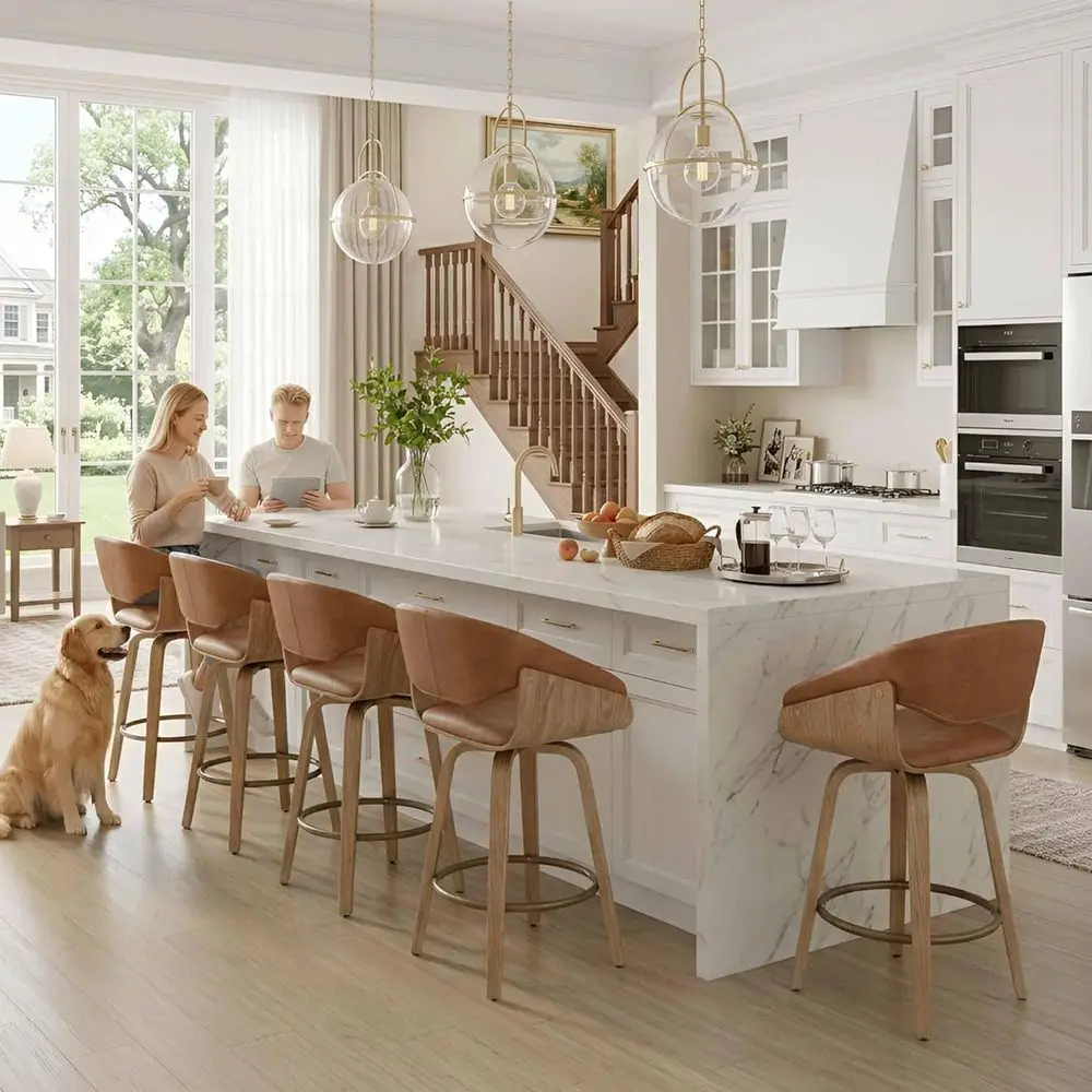

Set of 6 Brown Leather Swivel Bar Stools with Back, Suitable for Counter Height and Kitchen Island