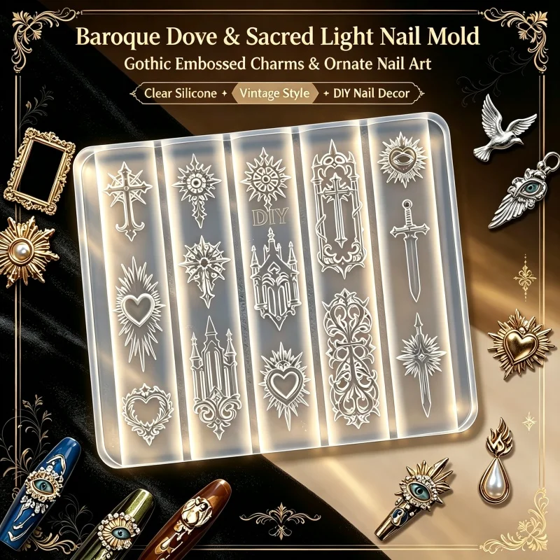 Baroque Sacred Light Sacred Heart Nail Silicone Mold, Gothic Cross Castle Sword 3D Embossed DIY Nail Charm Making Mold