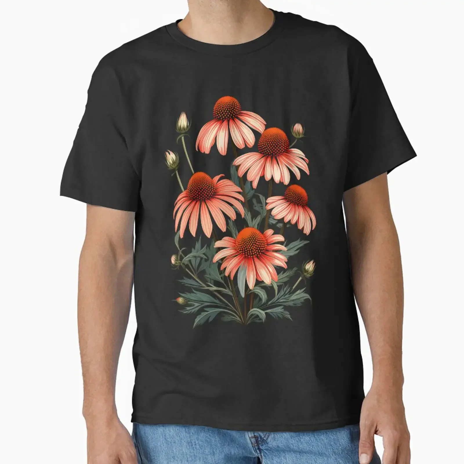 Echinacea Cone flower Classic T Shirt vintage Washed Unisex Top For Everyday Wear Versatile graphic homme Soft Breathable