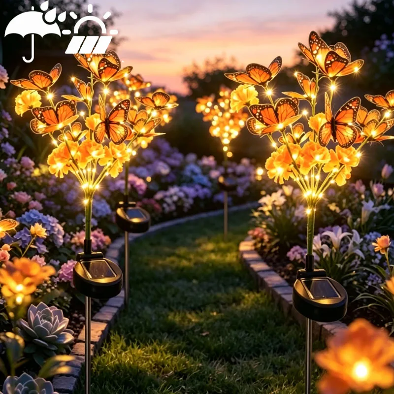 1-4pcs Solar Flower Stake Lights Marigold Lavender Glowing Butterfly for Wedding Ceremony Reception Garden Photo Prop