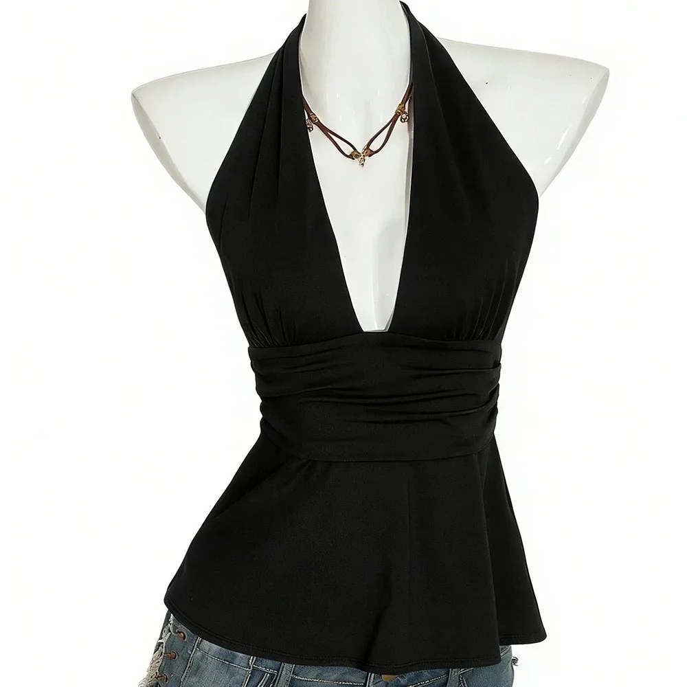 

Backless Sleeveless Women Crop Top Deep V Neck Y2k Halter Ruffle Vest Pleated Beach Wear Lace-up Dots Camisole Summer