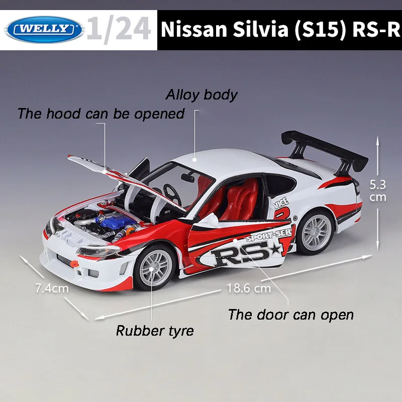 WELLY 1:24 Nissan Silvia S15RS-R Die-cast Alloy Car Model Toys Collectible Miniature Car Model Decoration Holiday Gift Wholesale