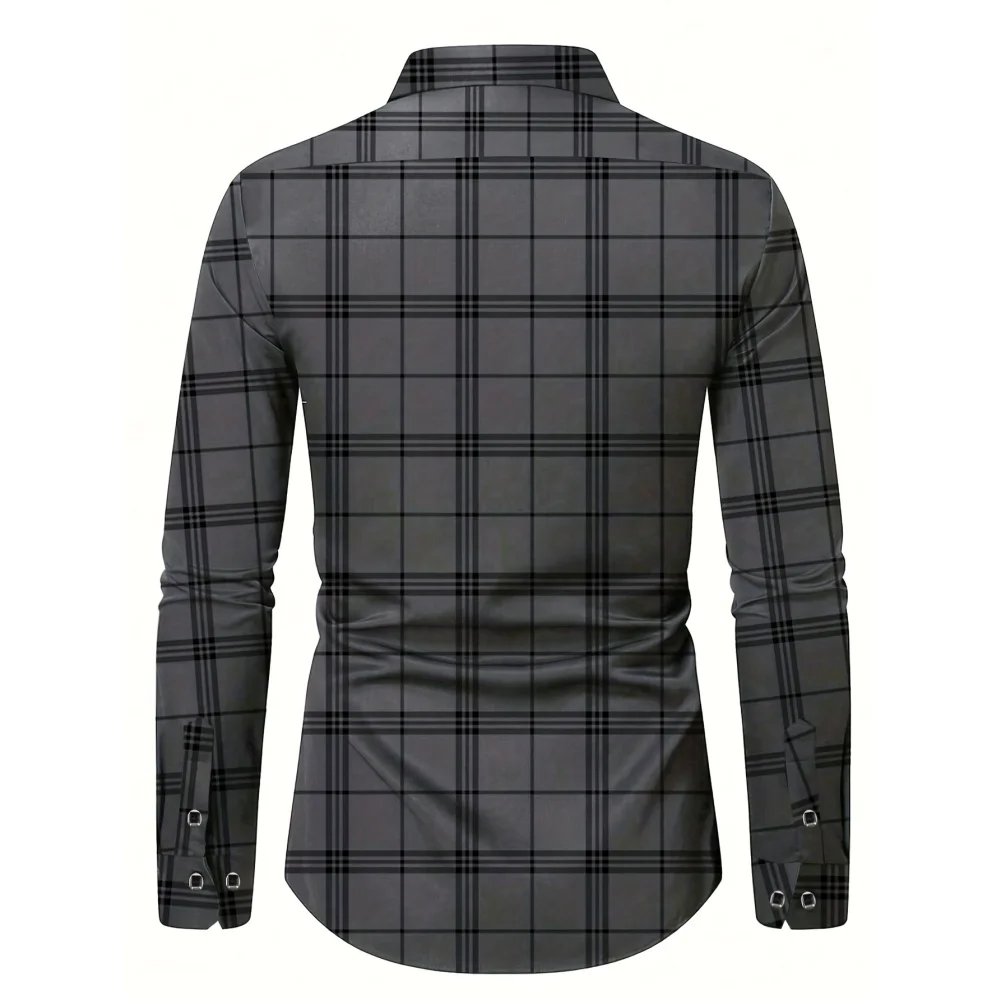Men's Trendy Geometric Line Print Long-Sleeved Shirt Men's Plaid Colors Personality Fashion Slim Lapel Casual Versatile Shirts