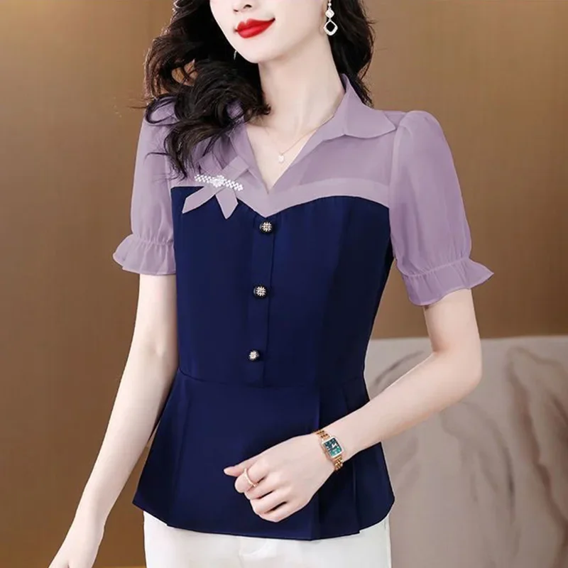 

Elegant Lapel Spliced Loose Folds Bow Blouse Women's Clothing Summer New Casual Pullovers Office Lady Fake Two Pieces Shirt D270