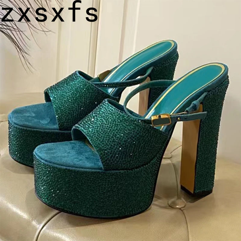 

Sexy Crystals Chains Sandals Platform Shoes For Women Round Toe Peep Toe Party Shoes Chunky High Heels Genuine Leather Slipper