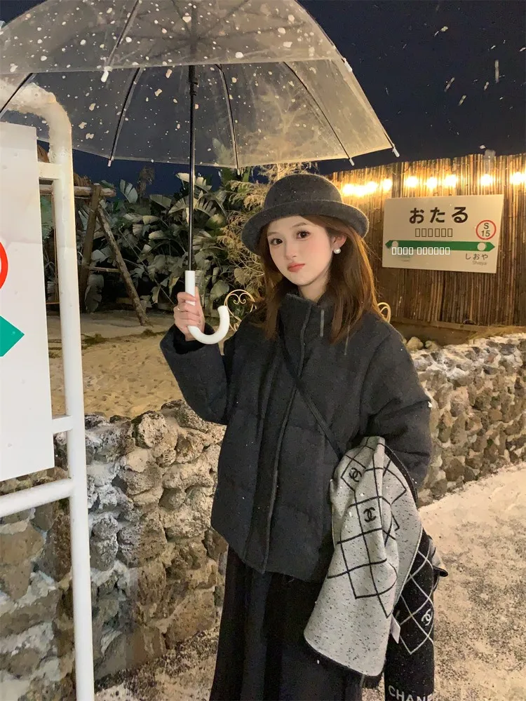 

Faionable White Du down Jaet Winter New Sle Small Size Ele French Sle Wool Inner Material Warm Long Sve Zipper