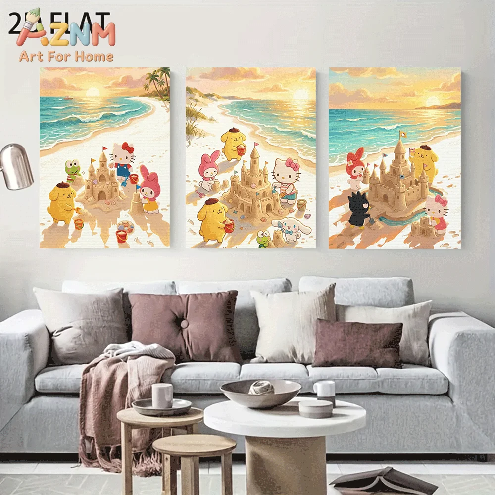 AZNM Cute Sanrio Characters Beach Sunset Canvas Wall Art Unframed Hello Kitty Friends Sandcastle Painting Home Living Room Decor