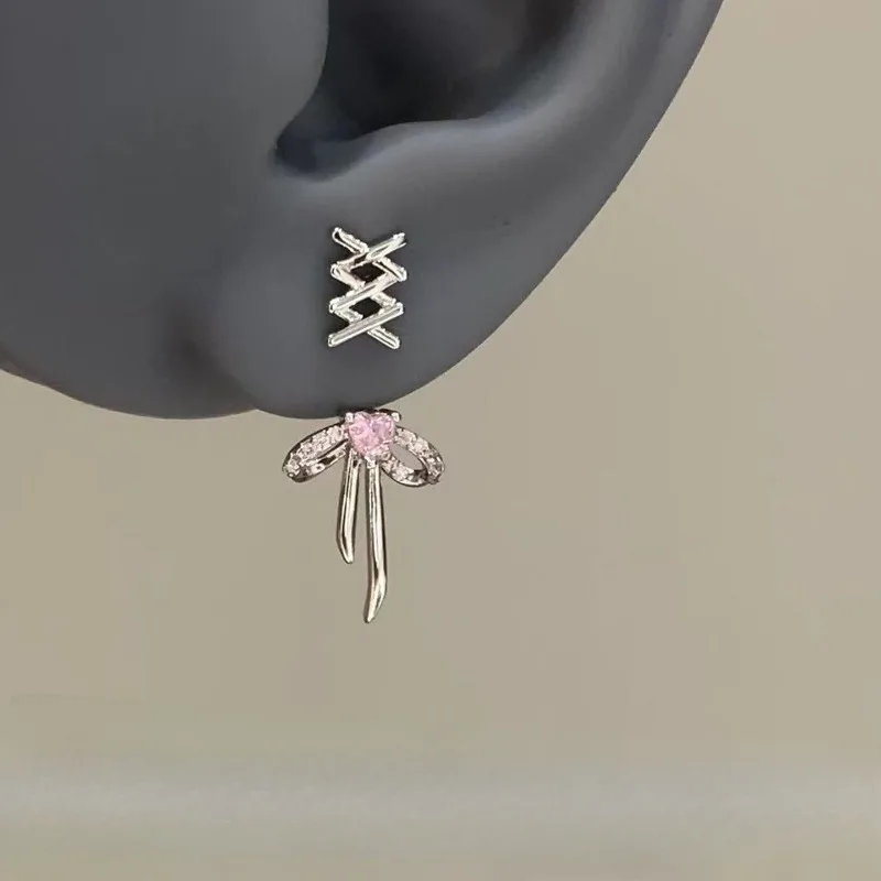 Balletcore Pink Heart Zircon Bow Drop Cartilage Earrings Stainless Steel Crisscross Helix Stud Niche Design Fashion Jewelry
