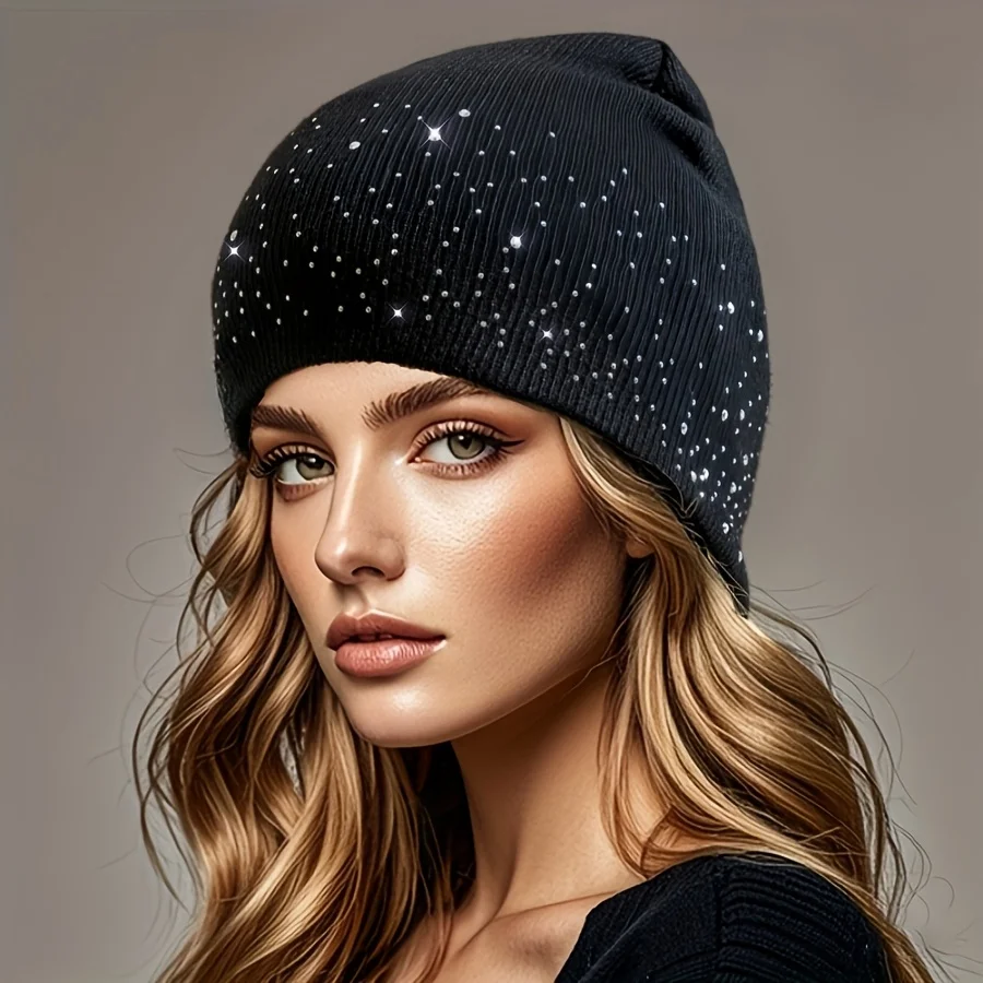 Women's Rhinestone Studded Acrylic Beanie Hat With Stretchy 