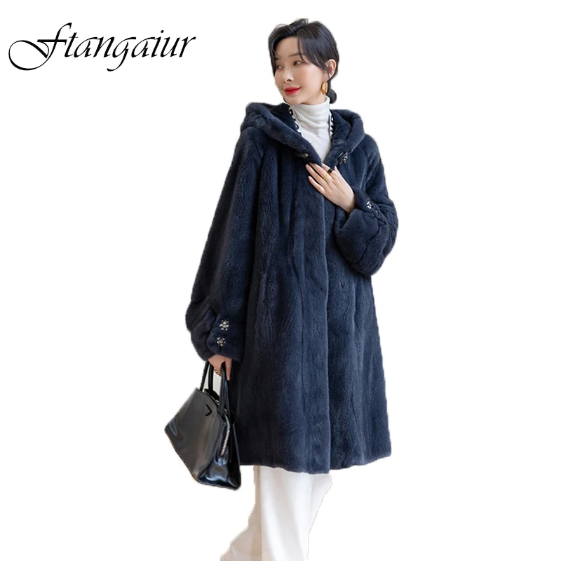 

Ftangaiur New Winter Import Purple Standard Velvet Mink Coat Women With Fur Hood X-Long ButtonLoose Natural Real Mink Fur Coats