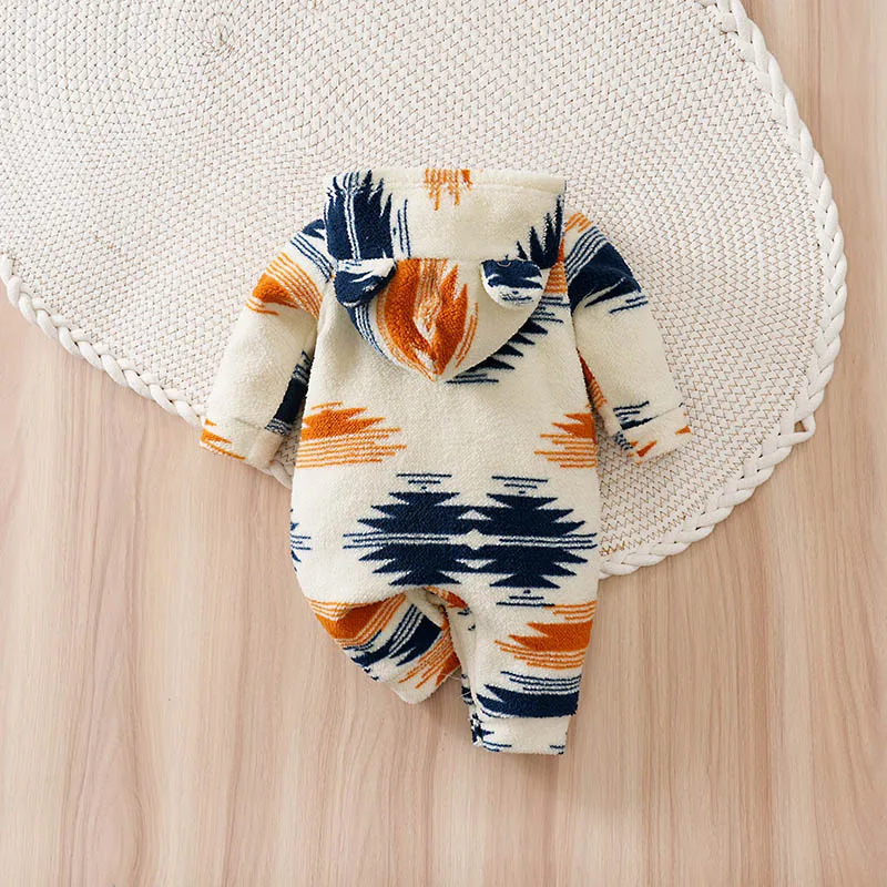 Newborn Baby Romper Winter Christmas 0-18 months Grid Ethnic Fair Isle Style Hooded with Ears Long Sleeve Newborn One Piece Suit