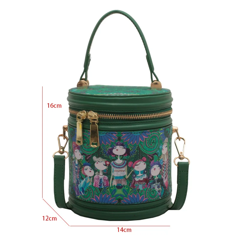 Round Bucket Crossbody Bag For Women Cute Cartoon Printing Handbags Zipper Flap Mini Small Bag Female Embroidery Shoulder Bag