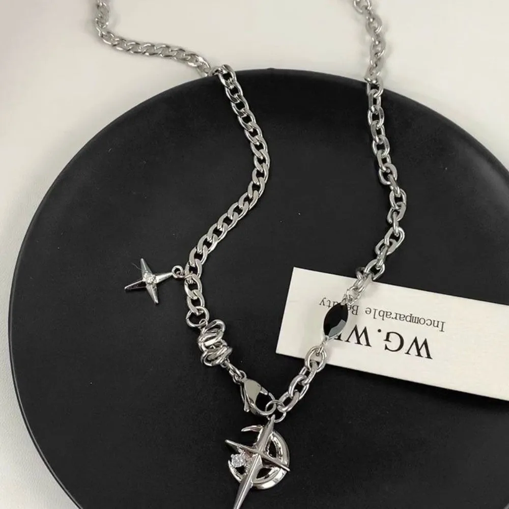 New Black Zircon Cuban Figaro Chain Punk Style Y2K Style Moon Pendant Adjustable Tassel Choker for Jewelry Gift