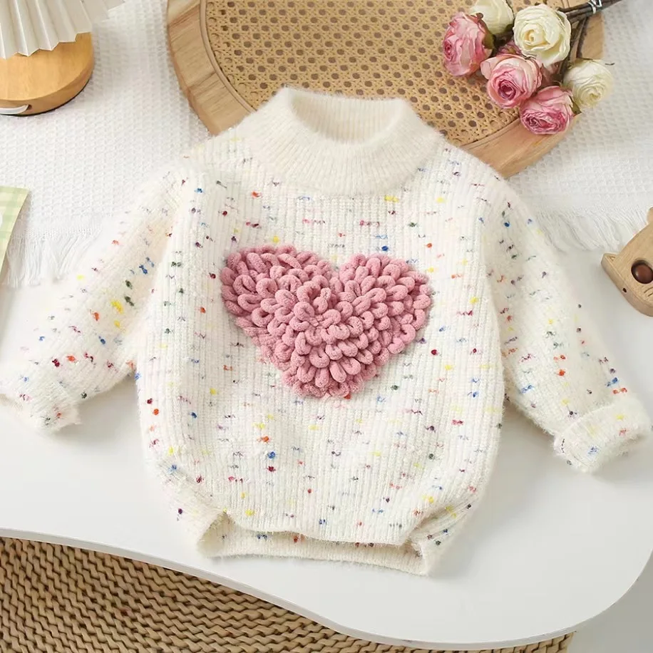 New Autumn and Winter Colored Floral Thread Love Cartoon Cute Long Sleeved Knitted Top for Girls Warm and Versatile Sweater