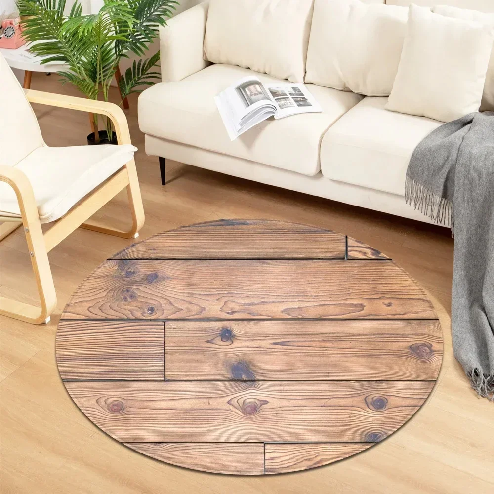 ~O~Wood Grain Round Rug – Anti-Slip Decorative Circle Carpet for Living Room, Bedroom, Kitchen & Bathroom