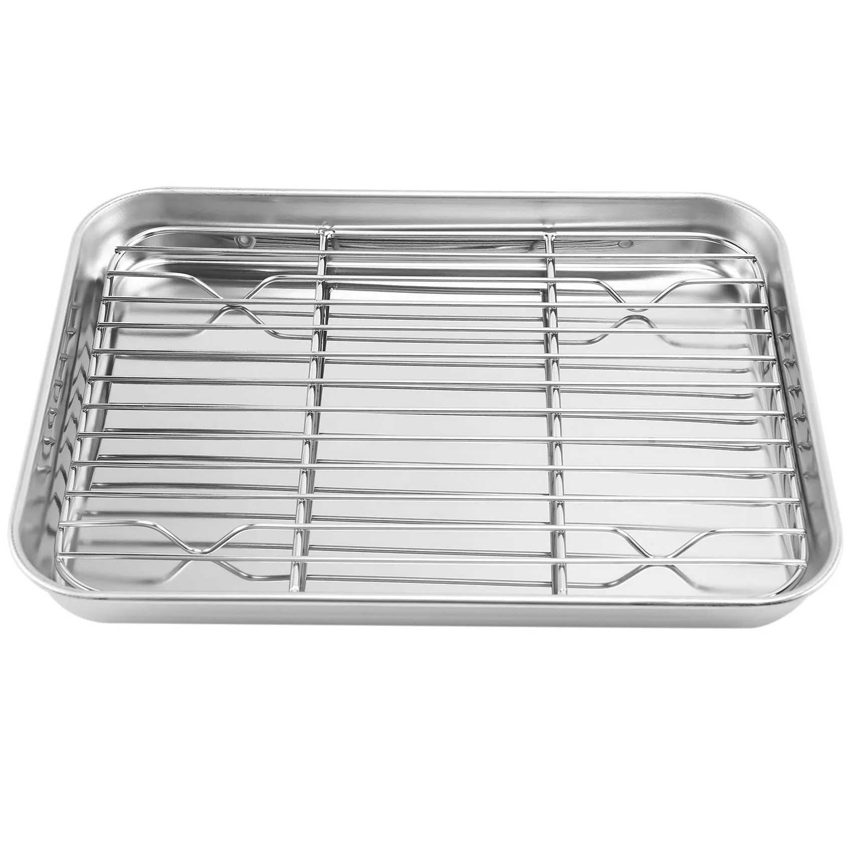 Juego de bandeja y estante para horno tostador de 9 pulgadas, sartén pequeña de acero inoxidable con estante de refrigeración, hoja para hornear apta para lavavajillas