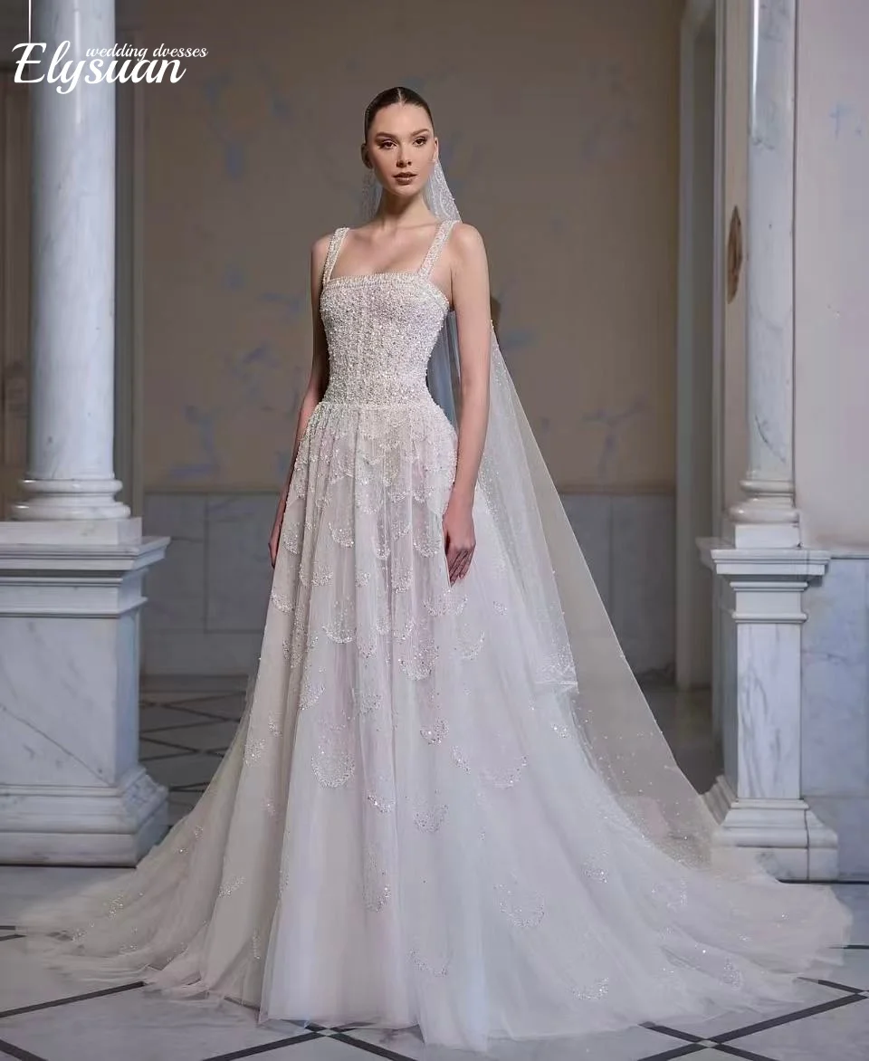 

Роскошное свадебное платье с жемчугом и бисером по индивидуальному заказу, длинное свадебное платье трапециевидной формы из тюля с блестками, мечтательные платья с квадратным вырезом для невесты