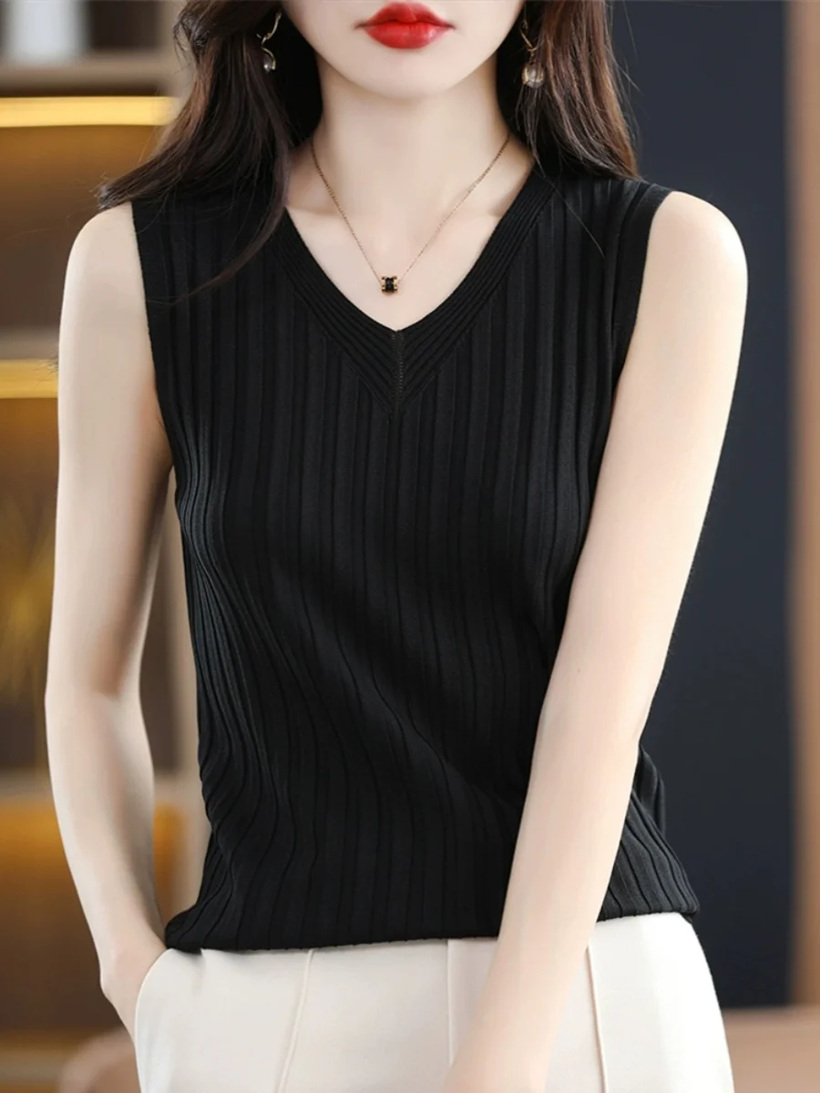 Ceco de punto de seda helada para mujer, sexy, ajustado, sin mangas, con aberturas, cseta interior que combina con traj...