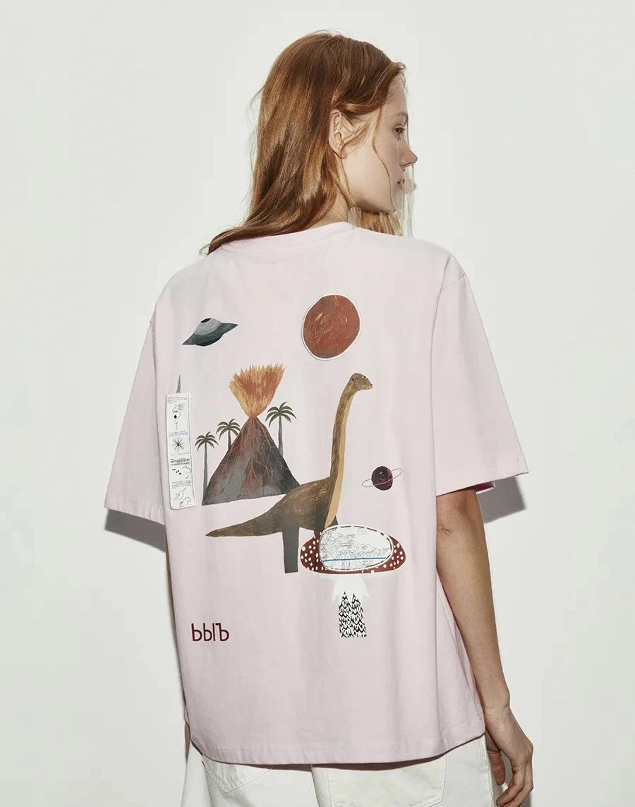 Street Style Casual Printed T-Shirt Women's Loose Fit Short Sleeve Fashion Top Sweat Absorbent round Neck Cotton Blend