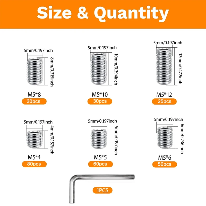 276 Pcs Set Screws Assortment Kit, 6 Sizes Included, M5 Metric & SAE Allen Set Screws for Plumbing, Bathroom Fixtures, Door Knob