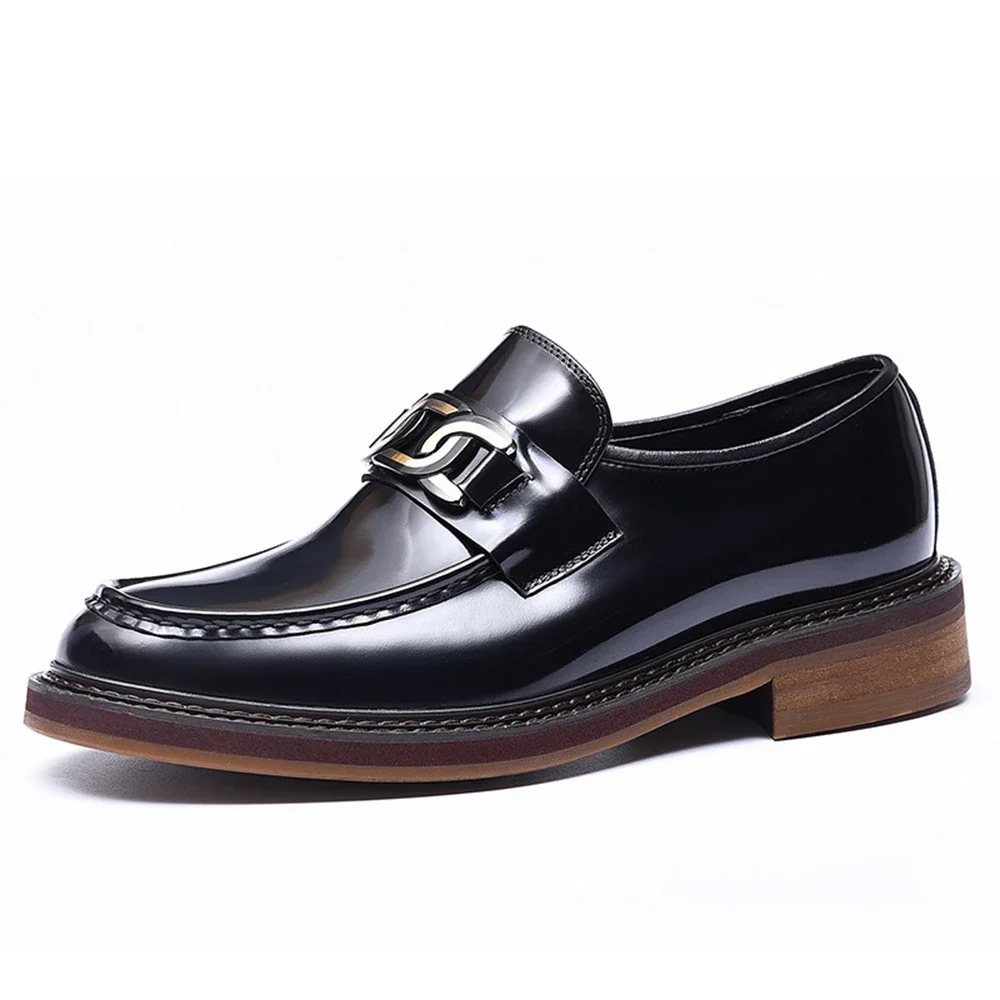 Men's Shoes Round Toe Metal Chain Thick Sole Loafers Genuine Cowhide Polybead Rubbed Color Business Formal British Casual Shoes