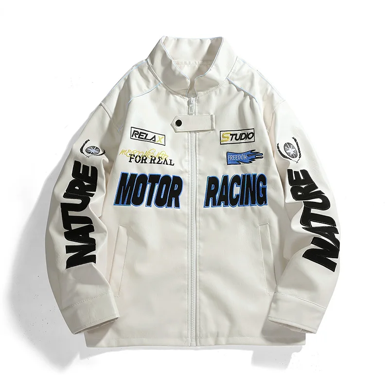 American-style motorcycle PU leather jacket for men, trendy letter-print racing suit jacket with loose stand-up collar, street r
