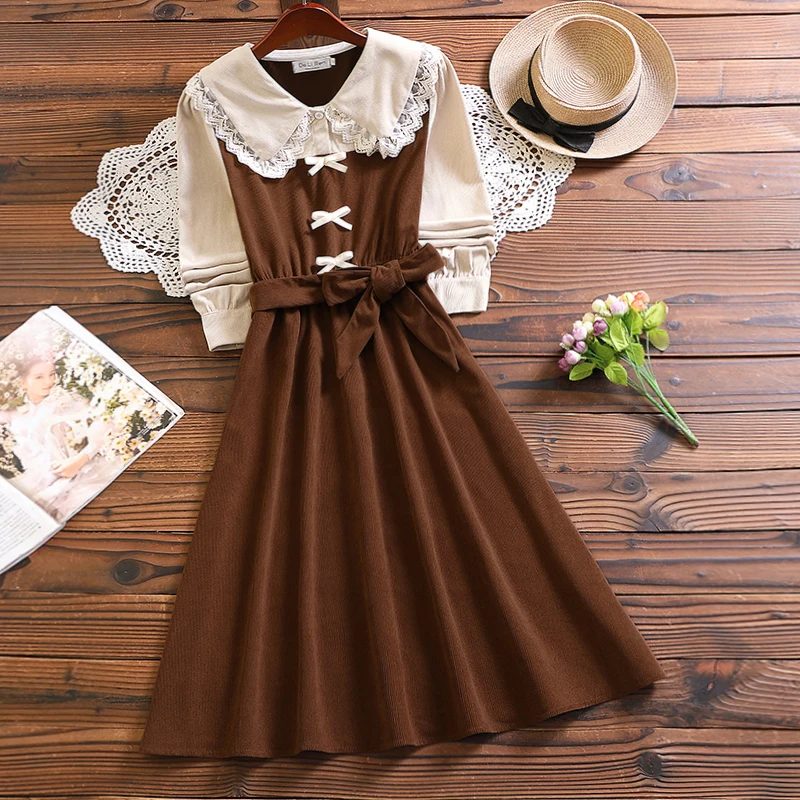 Mori girl elegant corduroy dress new winter fashion long sleeve women sweet vestidos